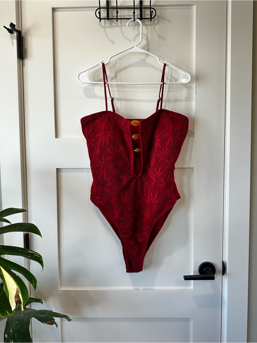 Red Textured One-Piece Swimsuit with Beaded Detail
